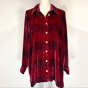 Soft Surroundings Maize Silk Blend Velvet Red Plaid Shirt Blouse, L
